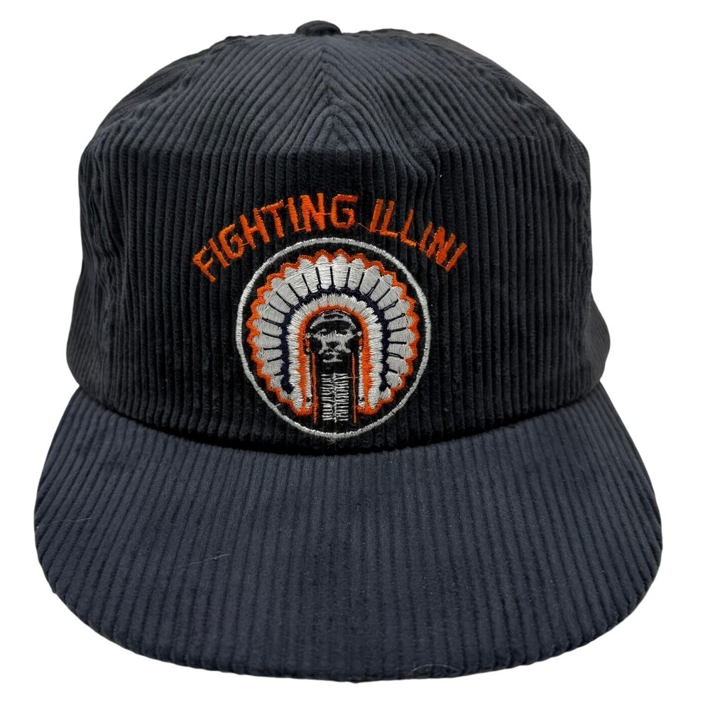 Vintage Fighting Illini Hat Mens Black Corduroy Snapback USA Made NCAA - Picture 1 of 7